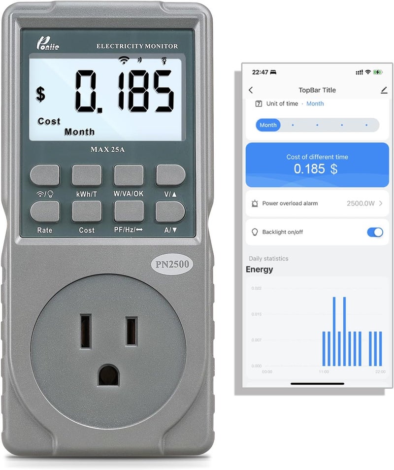 Poniie PN2500 Professional NEMA 5-15 Wi-Fi Wireless Level 1 EV Charger Pass-Through Power Usage Monitor (60-240V, 25Amp) - Image 1